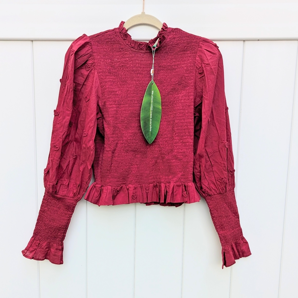 Farm Rio Mock Neck Cropped Red Ribbed Long Sleeve Top Embroidered Hearts NWT L